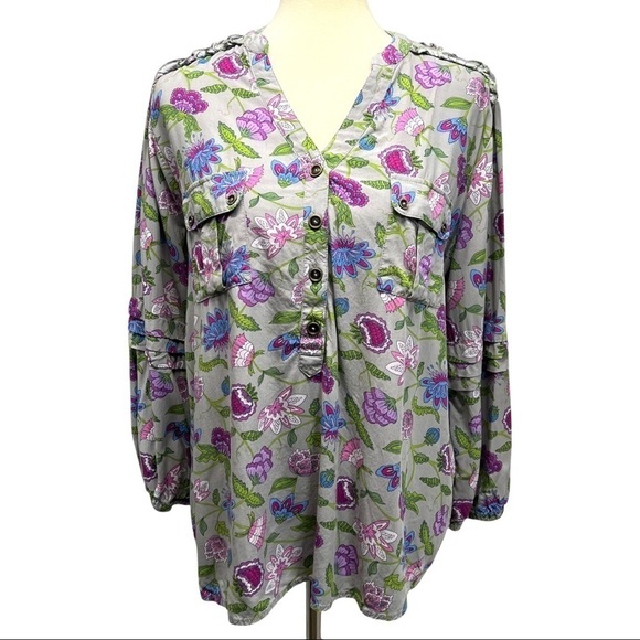 Matilda Jane Gray & Fuchsia Thinking Out Loud Floral Split Neck Popover Top - Picture 3 of 11